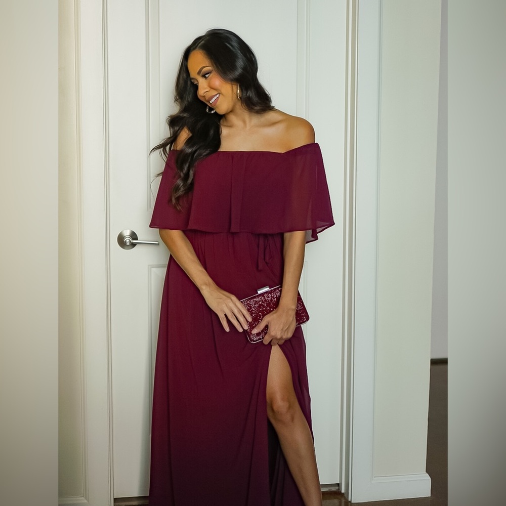 Burgundy Chiffon Off Shoulder Maxi Dress